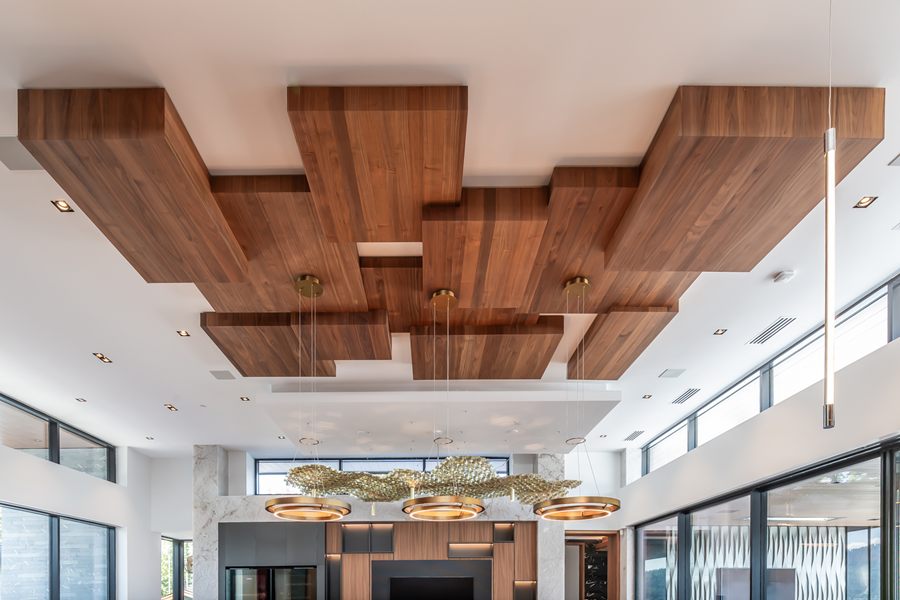 Coffered walnut ceiling over the great room