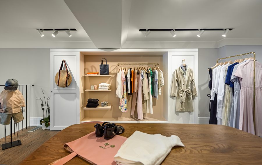 Display table and oak shelving bay