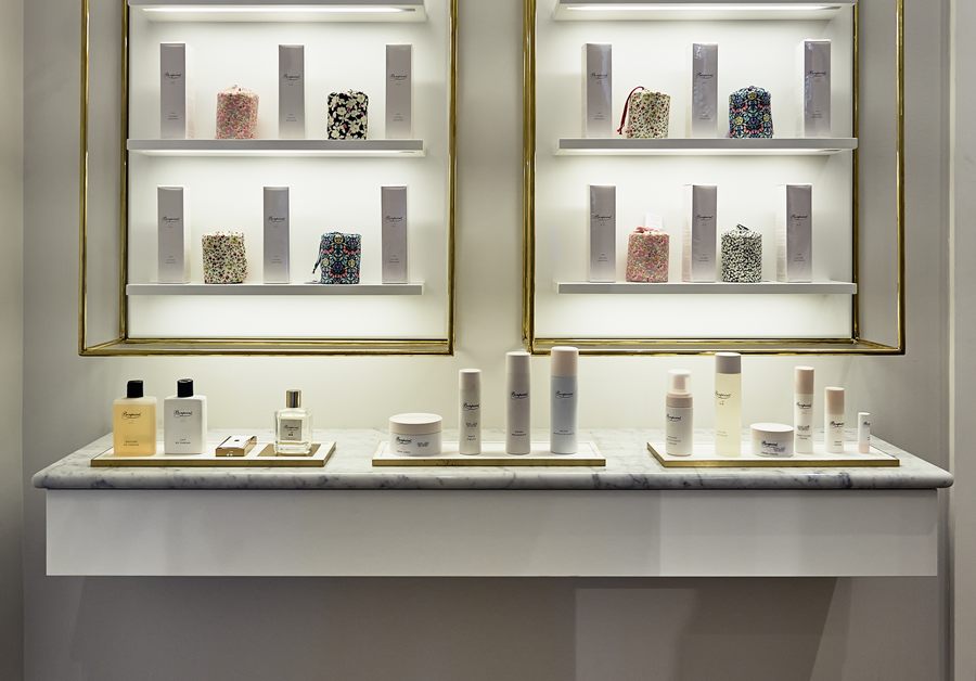 Detail of brass-framed display shelving