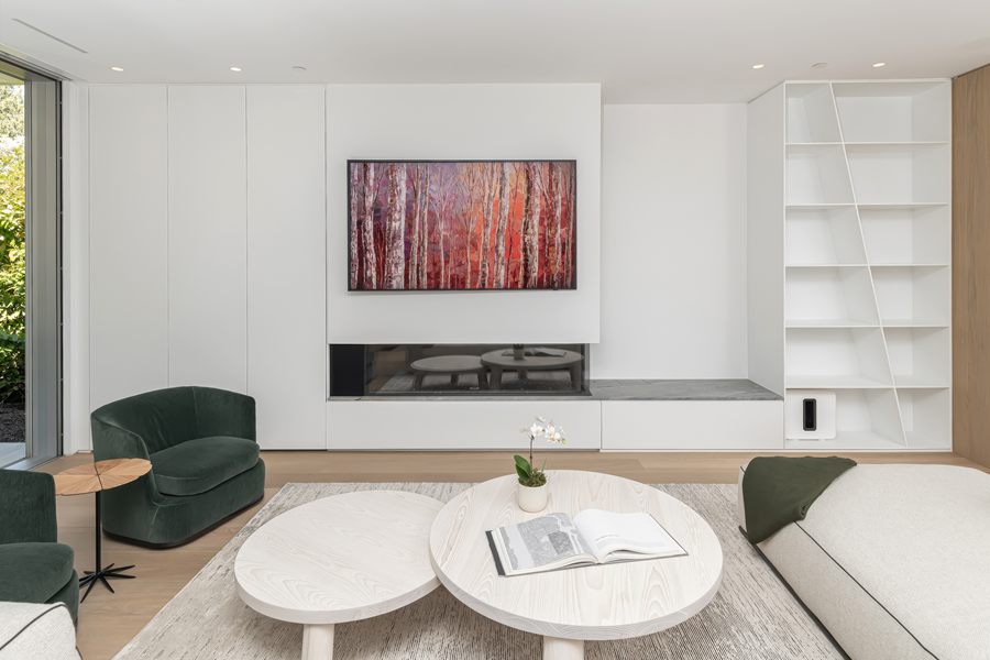 Media wall with a long fireplace and display niche