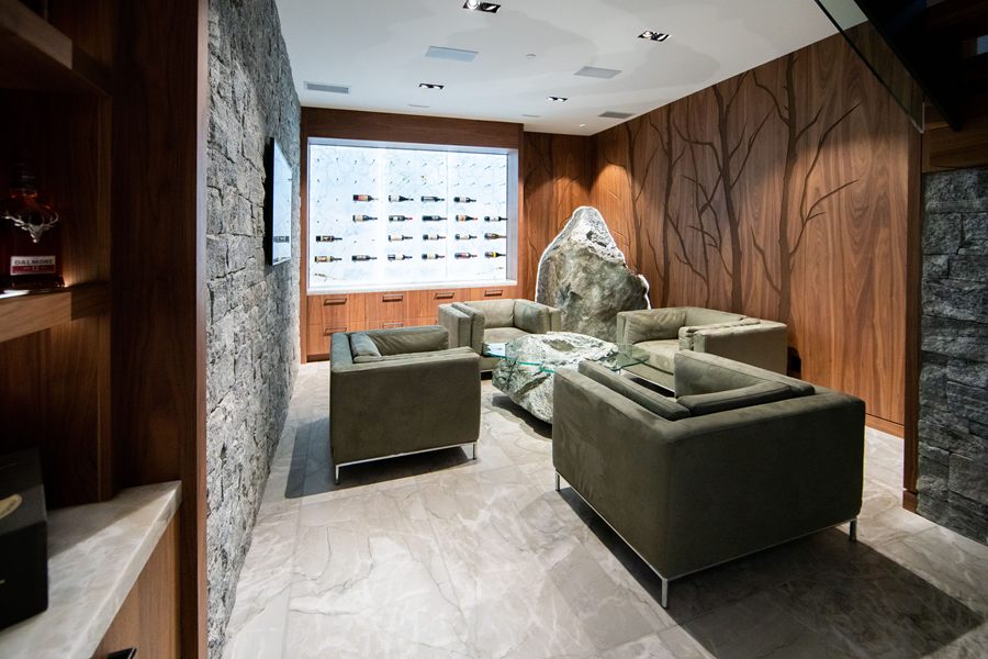 Lounge with walnut feature wall and stone accent