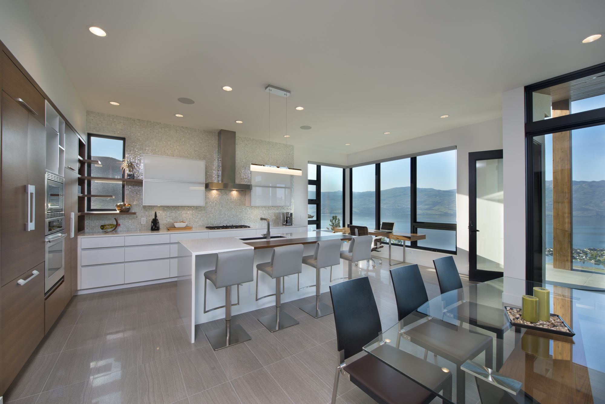 Okanagan Residence high-gloss white kitchen with lake views