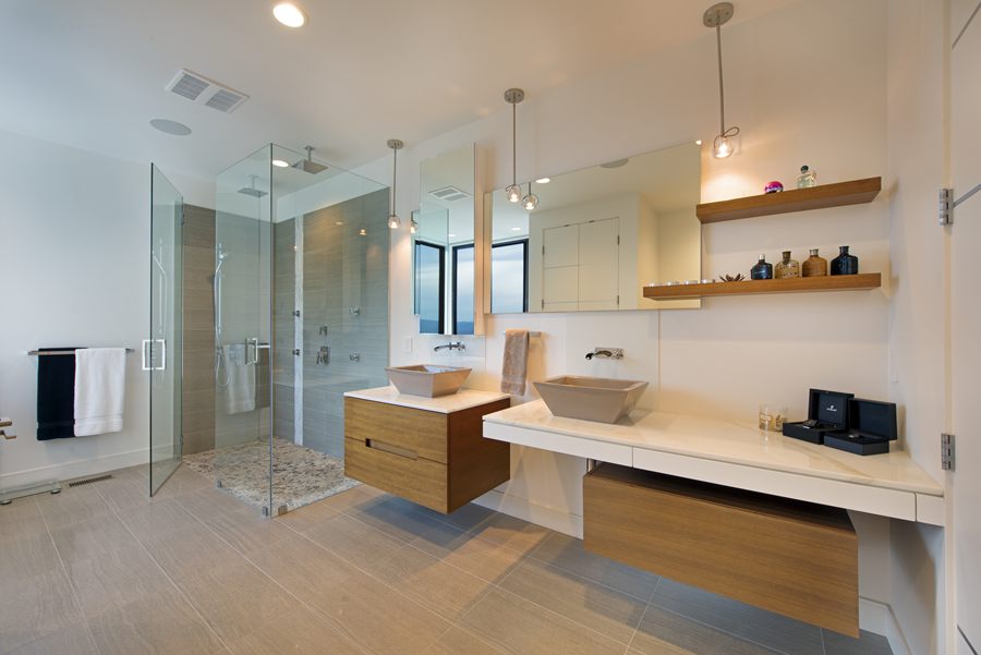 Ensuite with floating walnut vanity and glass shower