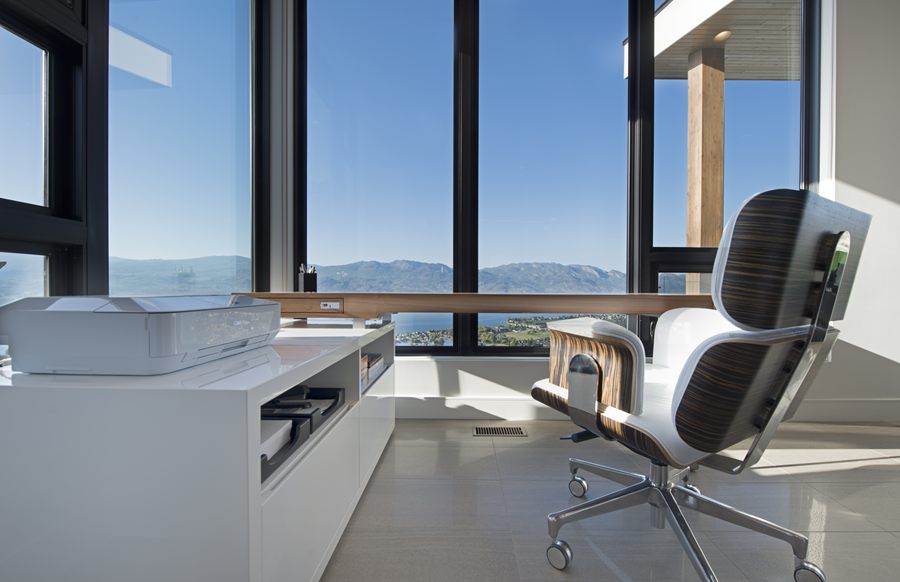 Home office desk facing the lake